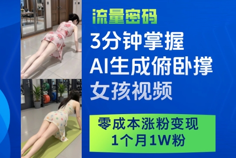 3分钟掌握AI生成俯卧撑女孩视频，零成本涨粉变现，1个月1W粉-云网创