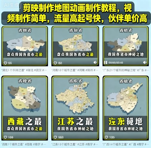 剪映制作地图动画制作教程，视频制作简单，流量高起号快，伙伴单价高-云网创