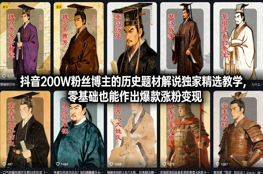 抖音200W粉丝博主的历史题材解说独家精选教学，零基础也能作出爆款涨粉变现-云网创
