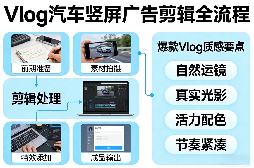 Vlog感觉汽车竖屏广告剪辑脚本全流程，拿捏爆款Vlog质感-云网创