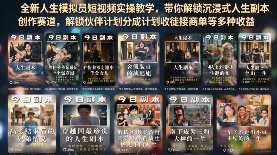 全新人生模拟员短视频实操教学，带你解锁沉浸式人生副本创作赛道，解锁伙伴计划分成计划收徒接商单等多种收益-云网创