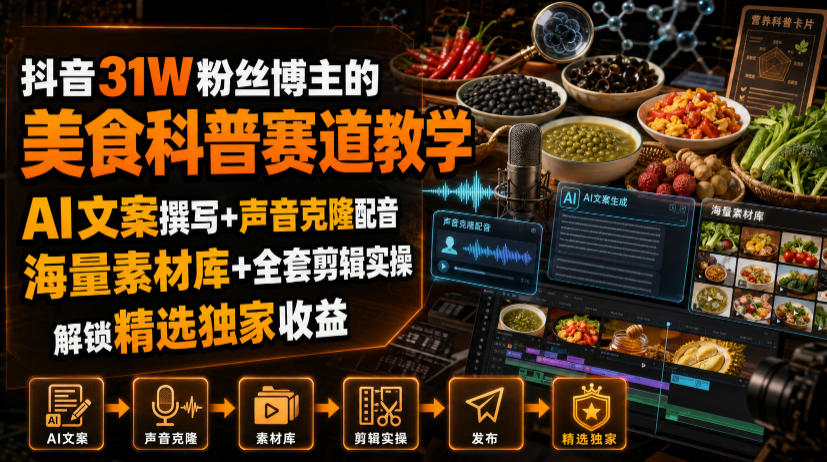 抖音31W粉丝博主的美食科普赛道教学，AI文案撰写+声音克隆配音+剪辑实操，解锁精选独家收益-云网创