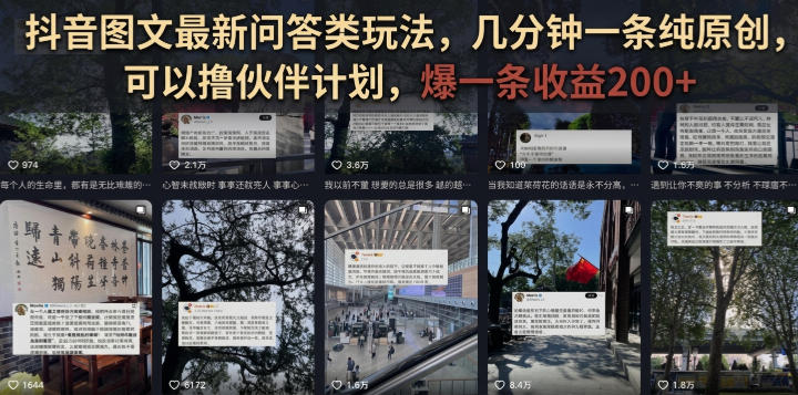 抖音图文最新问答类玩法，几分钟一条纯原创，可以撸伙伴计划，爆一条收益200+-云网创