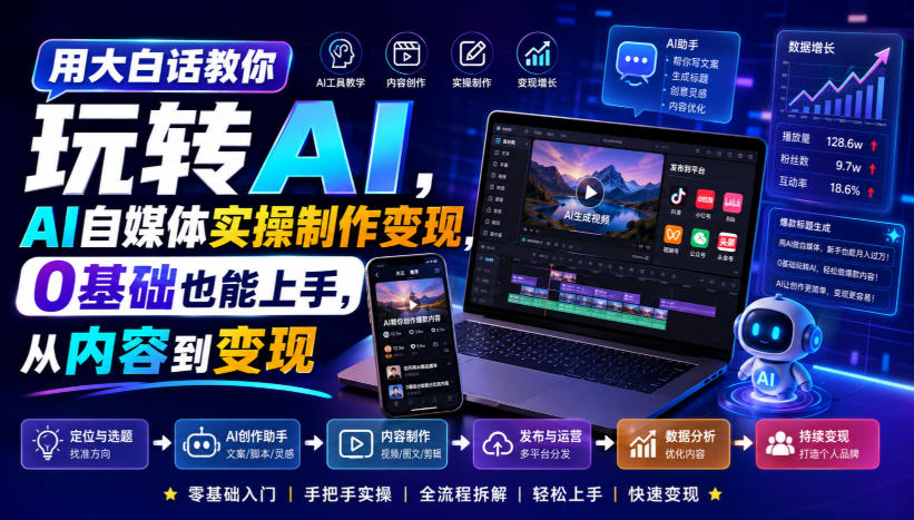 用大白话教你玩转AI，AI自媒体实操制作变现，0基础也能上手，从内容到变现-云网创