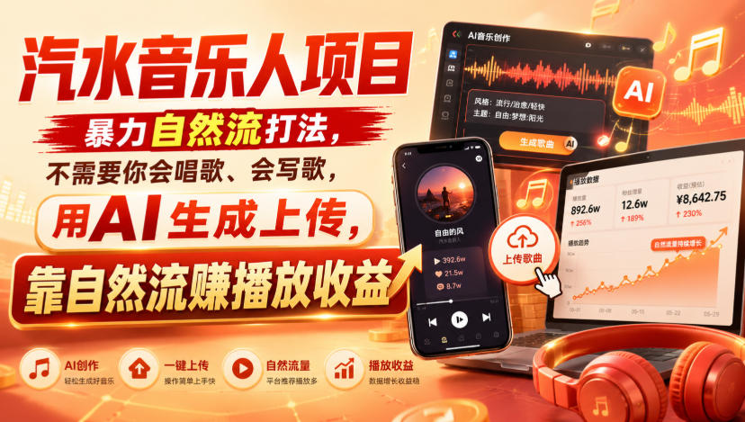 汽水音乐人项目，暴力自然流打法，不需要你会唱歌、会写歌，用AI生成上传，靠自然流賺播放收益-云网创