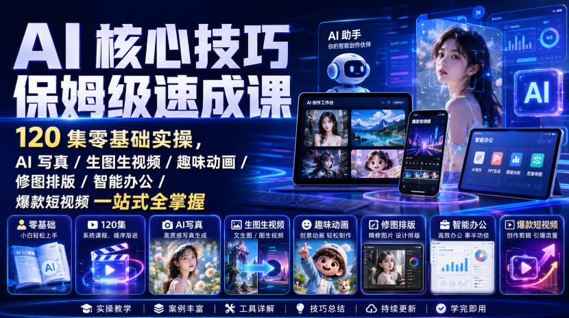 AI核心技巧保姆级速成课｜120集零基础实操，AI写真/生图生视频/趣味动画/修图排版/智能办公/爆款短视频一站式全掌握(更新)-云网创