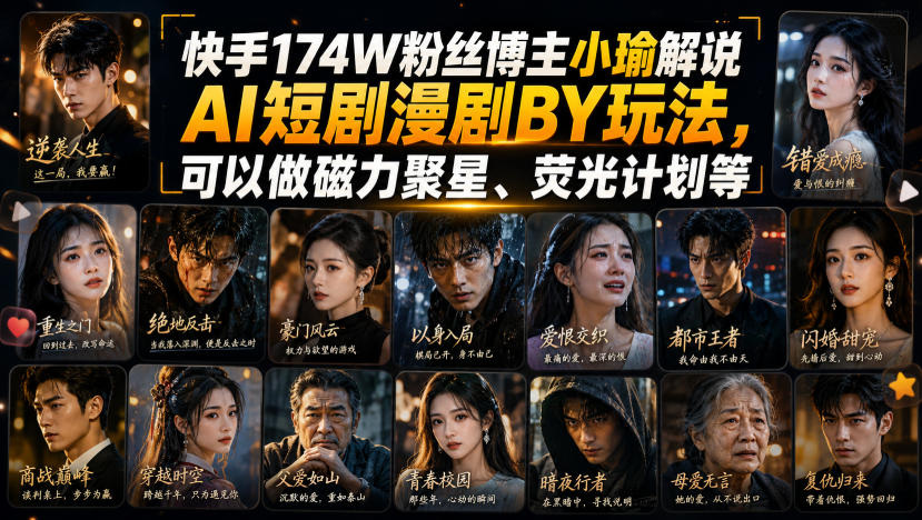 快手174W粉丝博主小瑜解说AI短剧漫剧搬运玩法，可以做磁力聚星、荧光计划等-云网创