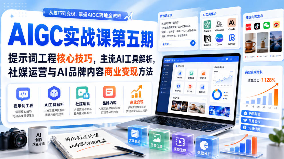 刺猬星球·AIGC实战课第五期，提示词工程核心技巧，主流AI工具解析，社媒运营与AI品牌内容商业变现方法-云网创