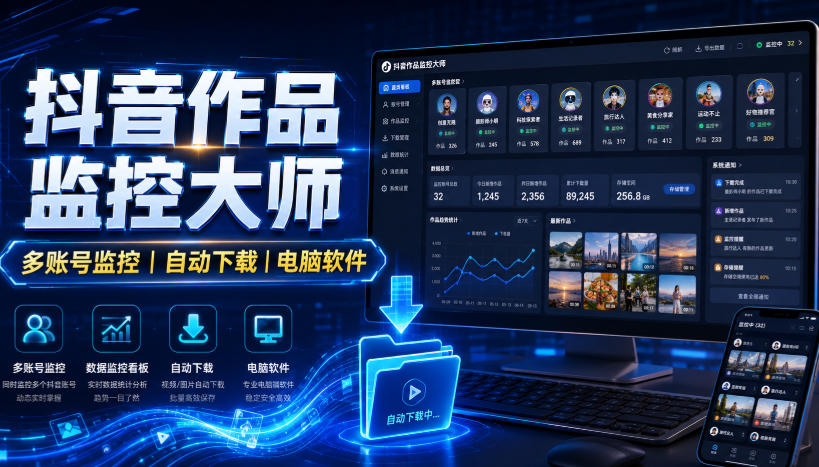 抖音作品监控大师，多账号监控丨自动下载丨电脑软件-云网创