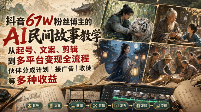 抖音67W粉丝博主的AI民间故事教学，从起号、文案、剪辑到多平台变现全流程，伙伴分成计划接广告等多种收益，月入1W+-云网创