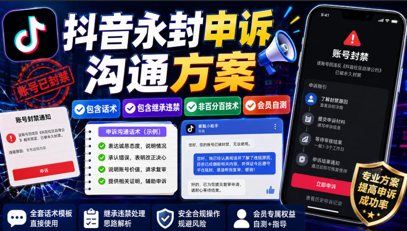 抖音永封申诉沟通方案，包含话术，包含继承违禁，非百分百技术，会员自测-云网创