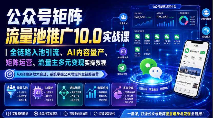 公众号矩阵流量池推广10.0实战课｜全链路入池引流、AI内容量产、矩阵运营、流量主多元变现实操教程-云网创
