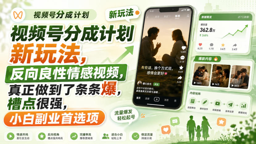 视频号分成计划新玩法，反向良性情感视频，真正做到了条条爆，槽点很强，小白副业首选项-云网创