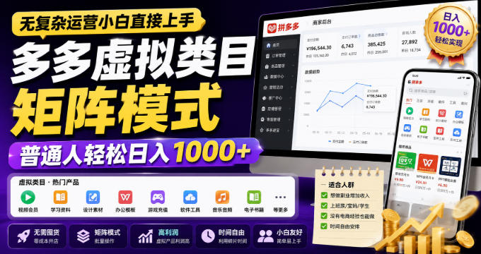 无复杂运营小白直接上手，多多虚拟类目矩阵模式，普通人轻松日入1000+【揭秘】-云网创