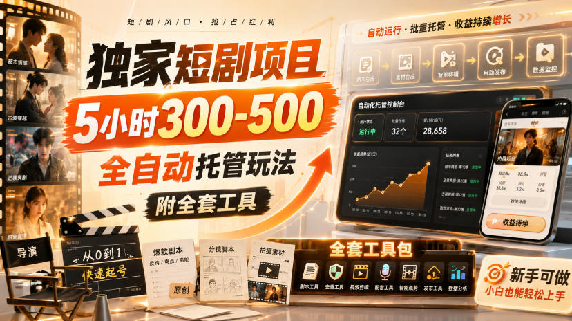 独家短剧项目，5小时300-500，全自动托管玩法，附全套工具【揭秘】-云网创