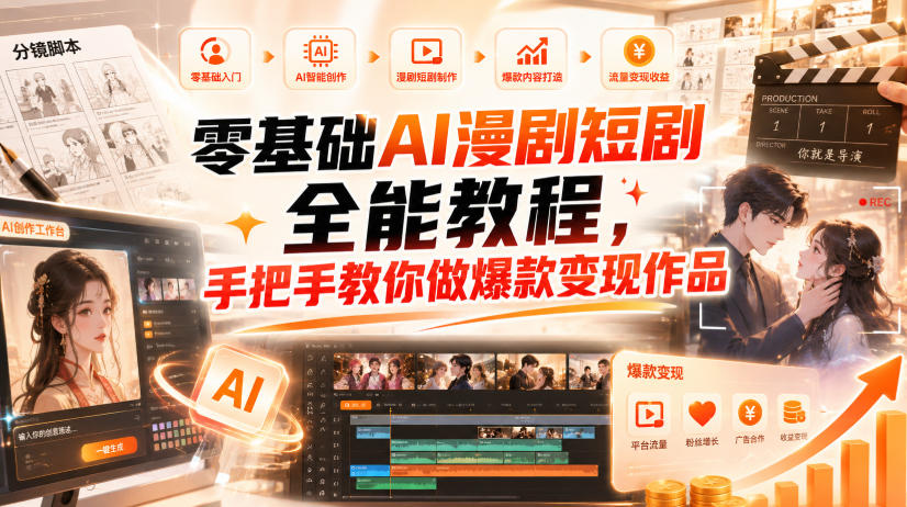 零基础AI漫剧短剧全能教程，从AI智能体搭建、文案脚本分镜、多平台AI生视频、剪映精修，覆盖全题材创作，手把手教你做爆款变现作品-云网创