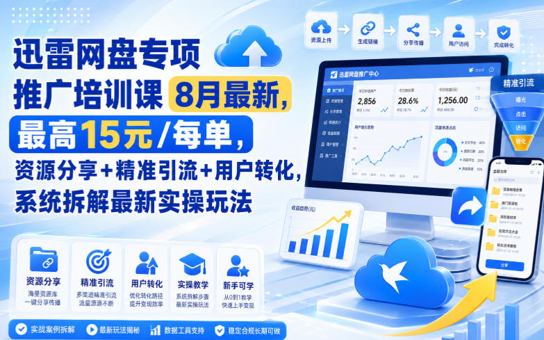 迅雷网盘专项推广培训课8月最新，最高15米/每单，资源分享+精准引流+用户转化，系统拆解最新实操玩法(更新0903)-云网创
