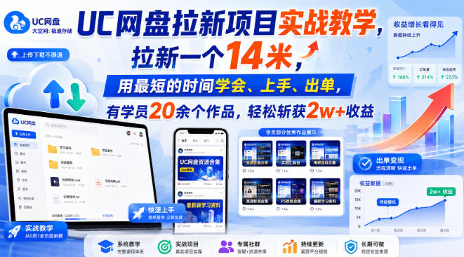 UC网盘拉新项目实战教学，拉新一个14米，用最短的时间学会、上手、出单，有学员20余个作品，轻松斩获2w+收益-云网创