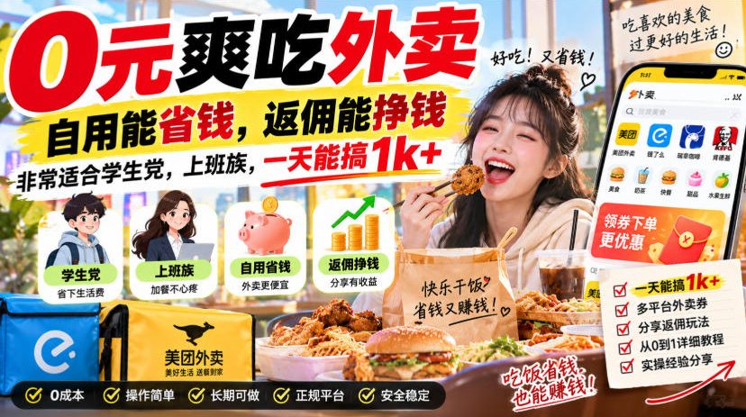0元爽吃外卖，自用能省钱，返佣能挣钱，非常适合学生党，上班族，一天能搞1k+-云网创