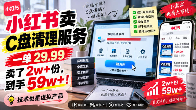 小红书卖C盘清理服务，一单29.99，卖了2w+份，技术也是虚拟产品-云网创