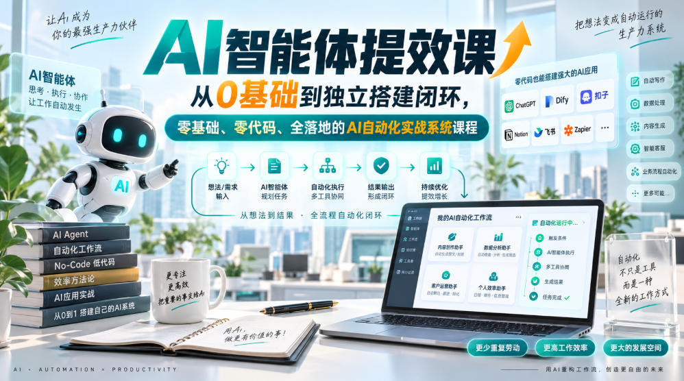 AI智能体提效课，从0基础到独立搭建闭环，零基础、零代码、全落地的AI自动化实战系统课程-云网创
