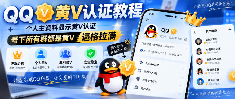 QQ黄V认证教程，个人主资料显示黄V认证，号下所有群都是黄V，逼格拉满-云网创