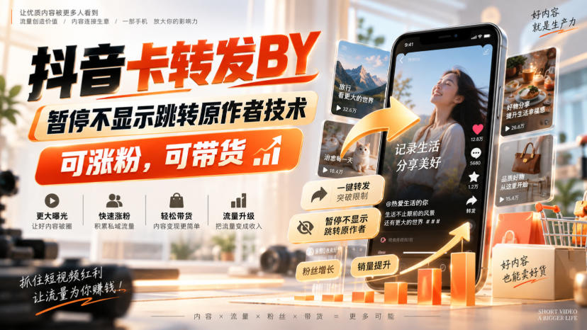 抖音卡转发搬运，暂停不显示跳转原作者技术，可涨粉，可带货-云网创