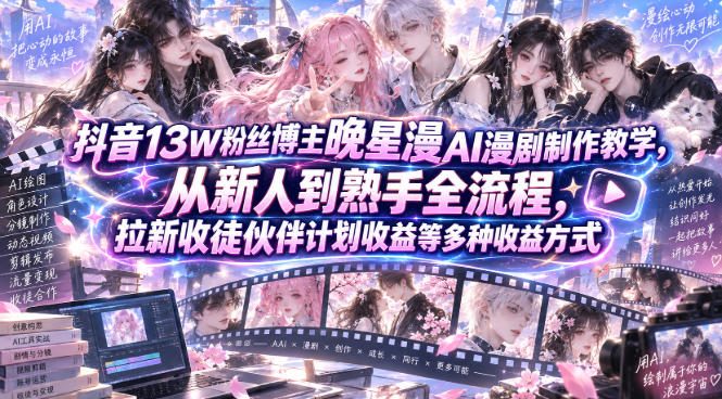 抖音13W粉丝博主晚星漫AI漫剧制作教学，从新人到熟手全流程，拉新收徒伙伴计划收益等多种收益方式，单日1K+-云网创