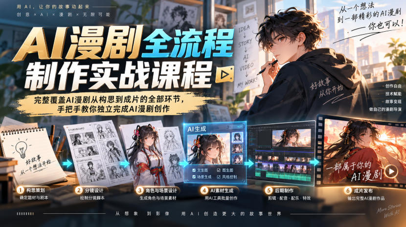 AI漫剧全流程制作实战课程，完整覆盖AI漫剧从构思到成片的全部环节，手把手教你独立完成AI漫剧创作-云网创