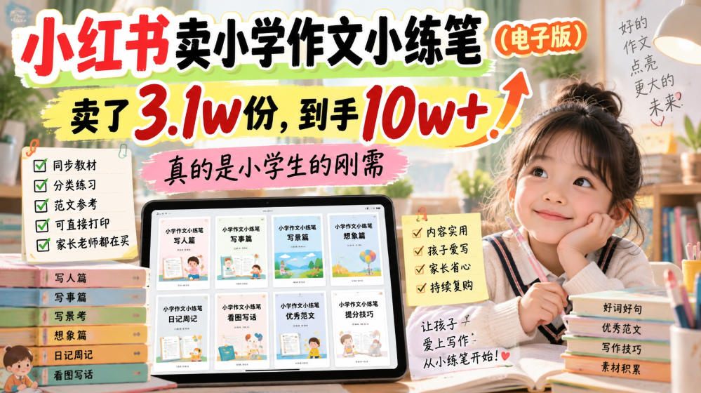 小红书卖小学作文小练笔(电子版)，卖了3.1w份，到手10w+，真的是小学生的刚需-云网创