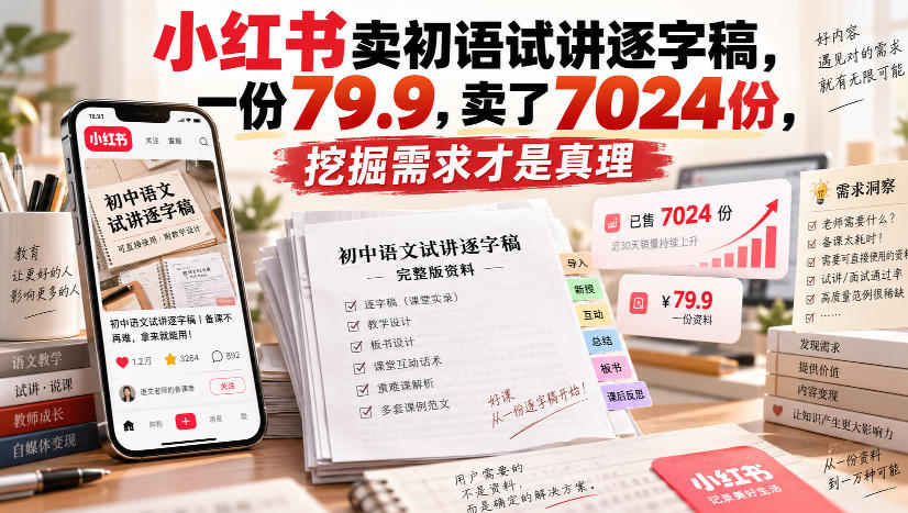 小红书卖初语试讲逐字稿，一份79.9，卖了7024份，挖掘需求才是真理-云网创