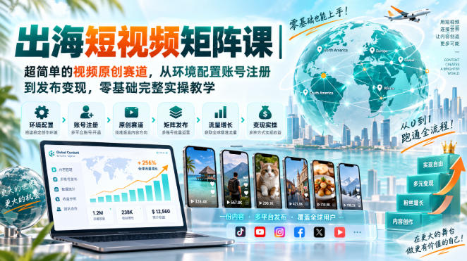 出海短视频矩阵课｜超简单的视频原创赛道，从环境配置账号注册到发布变现，零基础完整实操教学-云网创