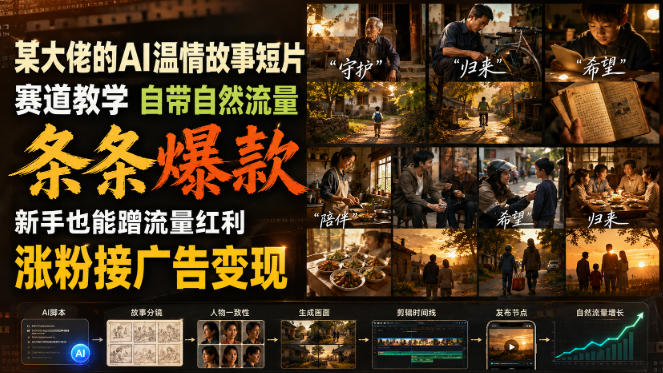 某大佬的AI温情故事短片赛道教学，自带自然流量，条条爆款，新手也能蹭流量红利，涨粉接广告变现(更新)-云网创