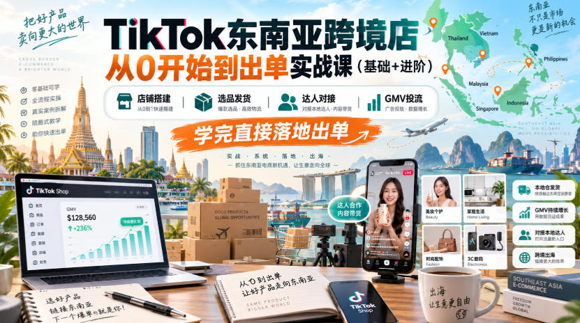 TikTok东南亚跨境店从0开始到出单实战课(基础+进阶)，店铺搭建、选品发货、达人对接、GMV投流，学完直接落地出单-云网创