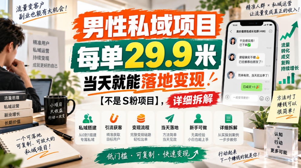 男性私域项目，每单29.9米，当天就能落地变现【不是S粉项目】，详细拆解-云网创