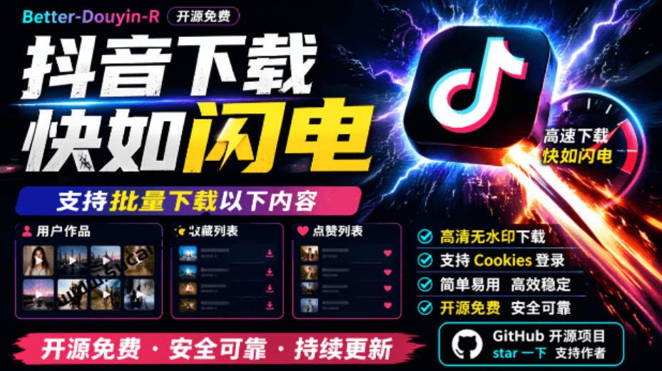 超级好用!抖音视频下载神器,支持批量下载用户作品收藏列表和点赞列表,开源完全免费Better-douyin-R-云网创