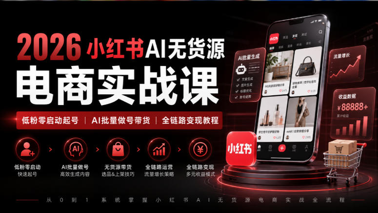 2026小红书AI无货源电商实战课｜低粉零启动起号｜AI批量做号带货全链路变现教程-云网创