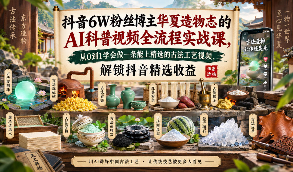 抖音6W粉丝博主华夏造物志的AI科普视频全流程实战课，从0到1学会做一条能上精选的古法工艺视频，解锁抖音精选收益-云网创