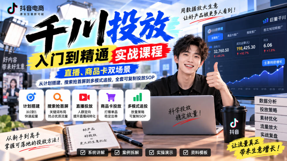 千川投放入门到精通实战课程，直播、商品卡双场景，从计划搭建、搜索抢首屏到多模式追投，全套可复制投放SOP-云网创