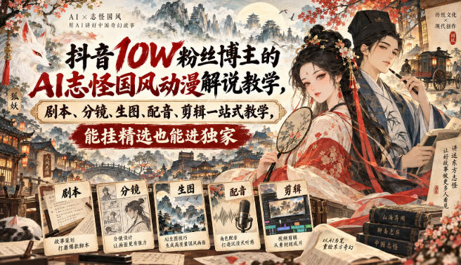 抖音10W粉丝博主满堂诡事的AI志怪国风动漫解说教学，剧本、分镜、生图、配音、剪辑一站式教学，能挂精选也能进独家​-云网创