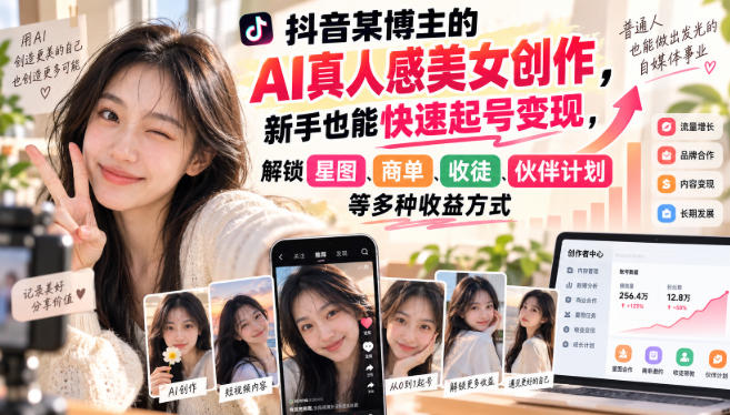 抖音某博主的AI真人感美女创作，新手也能快速起号变现，解锁星图，商单，收徒，伙伴计划等多种收益方式-云网创