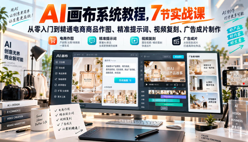 AI画布系统教程，7节实战课从零入门到精通电商商品作图、精准提示词、视频复刻、广告成片制作-云网创