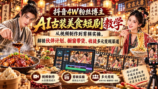 抖音4W粉丝博主AI古装美食短剧教学，从视频制作到剪辑实操，解锁伙伴计划、橱窗带货、收徒多元变现渠道-云网创