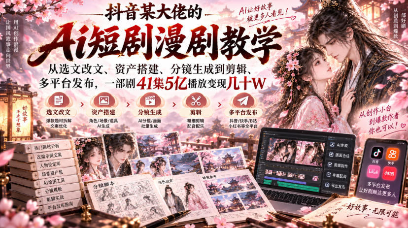 抖音某大佬的Ai短剧漫剧教学，从选文改文、资产搭建、分镜生成到剪辑、多平台发布，一部剧41集5亿播放变现几十W-云网创