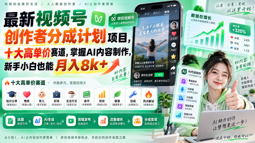 最新视频号创作者分成计划项目，十大高单价赛道，掌握AI内容制作，新手小白也能月入8k+-云网创