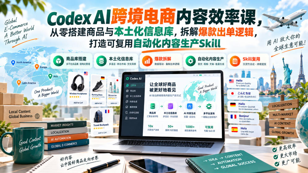 Codex AI跨境电商内容效率课,从零搭建商品与本土化信息库,拆解爆款出单逻辑,打造可复用自动化内容生产Skill-云网创