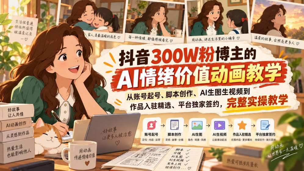 抖音300W粉博主的AI情绪价值动画教学，从账号起号、脚本创作、AI生图生视频到作品入驻精选、平台独家签约，完整实操-云网创