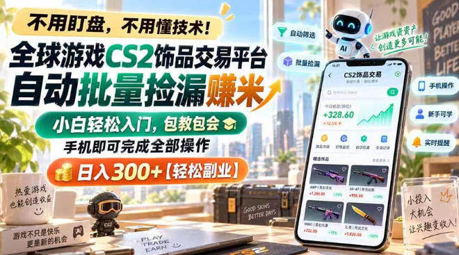 全球游戏CS2饰品交易平台自动批量捡漏賺米,小白轻松入门,包教包会,手机即可完成全部操作,日入300+【揭秘】-云网创
