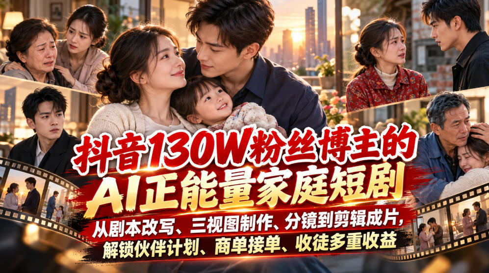 抖音130W粉丝博主的AI正能量家庭短剧，从剧本改写、三视图制作、分镜到剪辑成片，解锁伙伴计划、商单接单、收徒多重收益-云网创