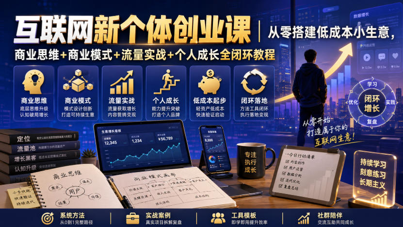 互联网新个体创业课｜从零搭建低成本小生意，商业思维+商业模式+流量实战+个人成长全闭环教程(更新0922)-云网创